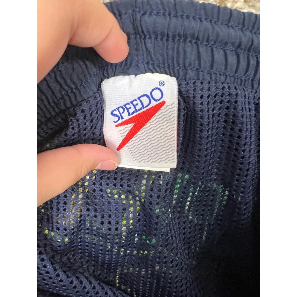 Vintage Speedo Mens Navy Blue Nylon Swim Trunks Shorts Embroidered Logo Small